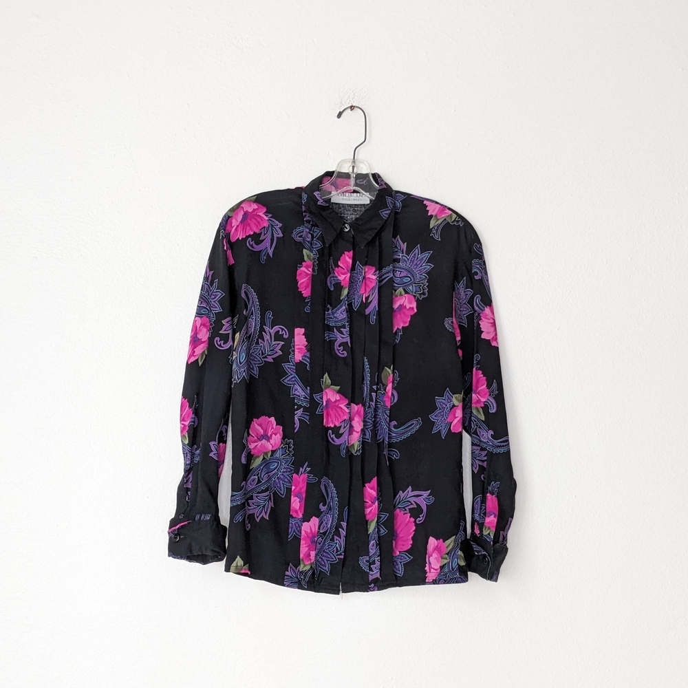 Vintage Floral Black Blouse with Pink and Purple Accents
